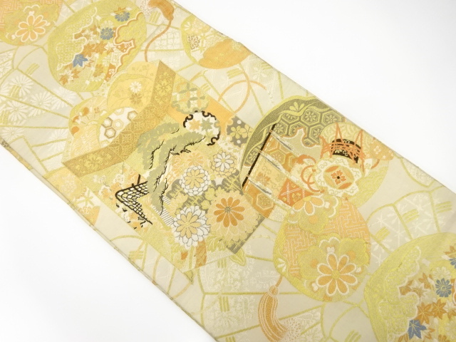 アンティーク　貝桶に鼓・花模様織り出し丸帯（材料）